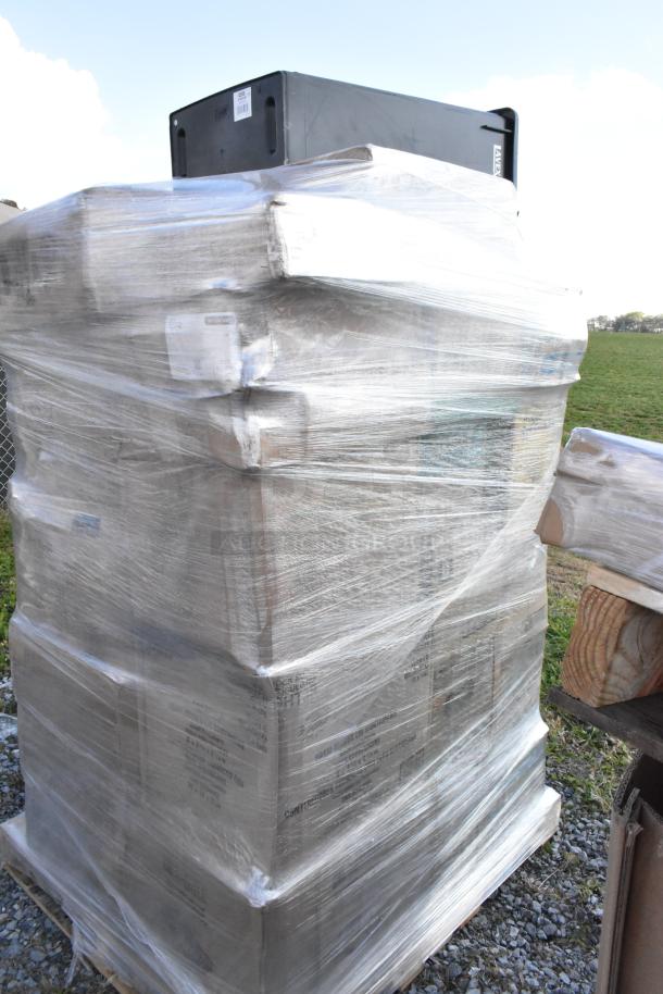 Pallet with 34 new scratch and dent items wrapped in plastic, including containers, linens, and paper towels.