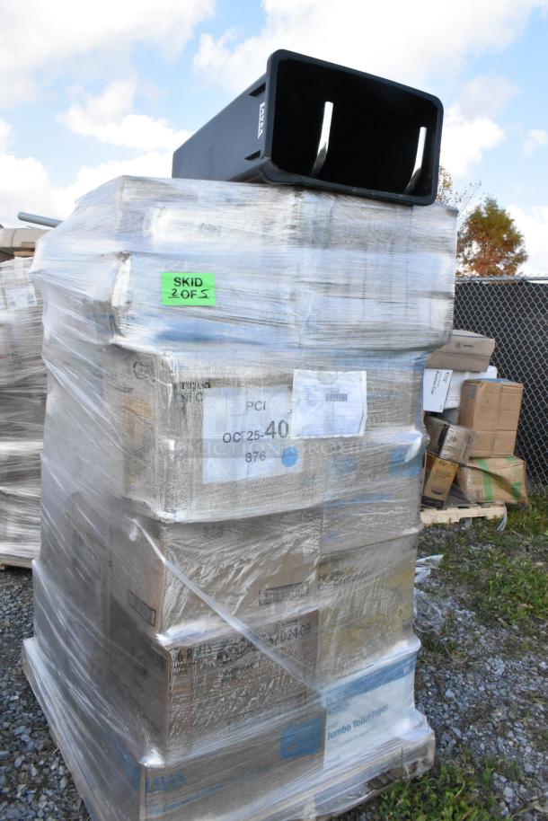 Pallet of 34 brand new scratch and dent items wrapped in plastic, including containers, paper towels, and more. Label shows "Skid 2 of 5".