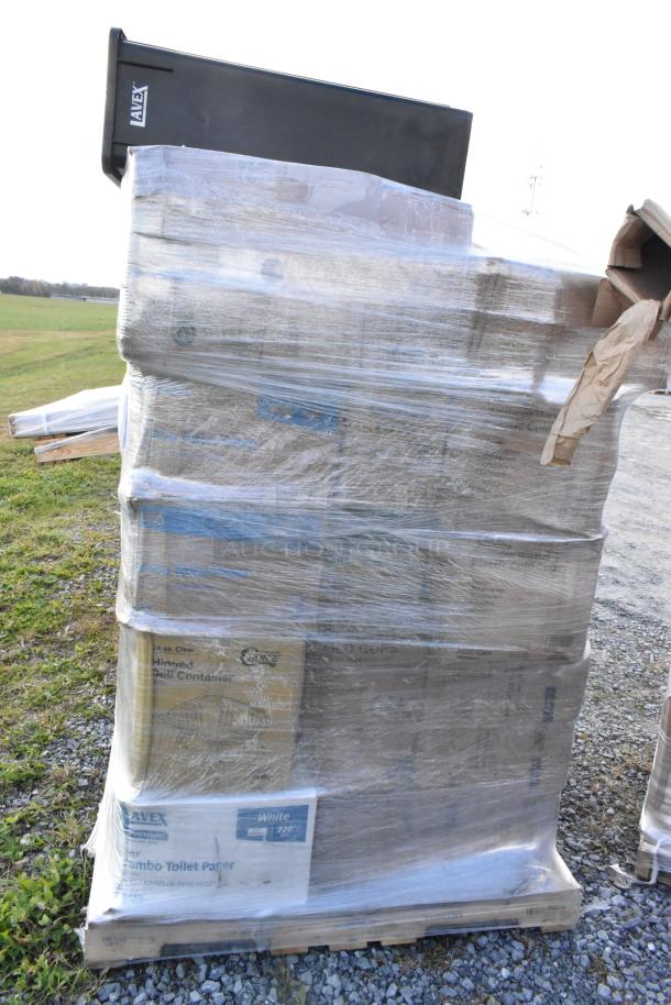 Plastic-wrapped pallet of 34 new scratch and dent items, including containers, paper towels, and can liners, at auction.