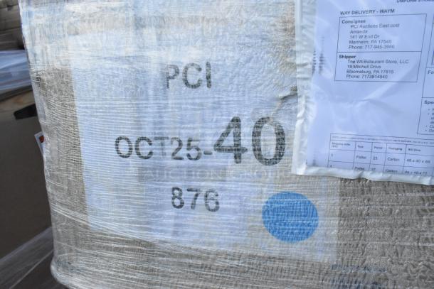 A pallet wrapped in plastic labeled "PCI OCT25-40 876" with a shipping label from WestRestaurant Store, showing consignment details.