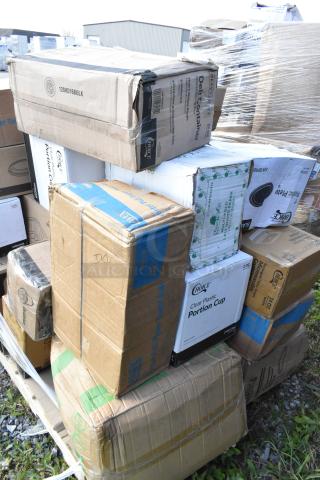 Pallet of 27 scratch and dent items, including containers, towels, and cups in various boxes. Brands include Choice, SGA.