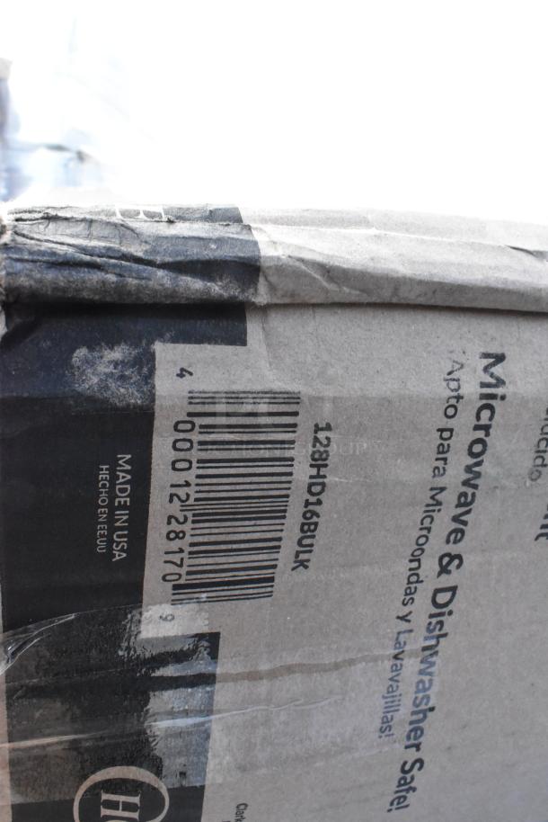 Cardboard box with barcode and text reading "Microwave & Dishwasher Safe, Made in USA." Box shows signs of wear.