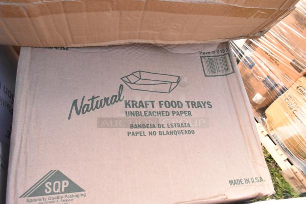 Box of SQP Natural Kraft Food Trays, unbleached paper, Made in USA, labeled "Scratch and Dent."