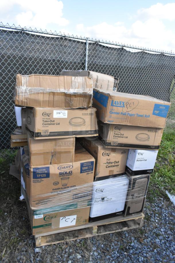 Palette of 27 brand new scratch and dent items, including cartons of containers, cups, and towels. Various brands visible.