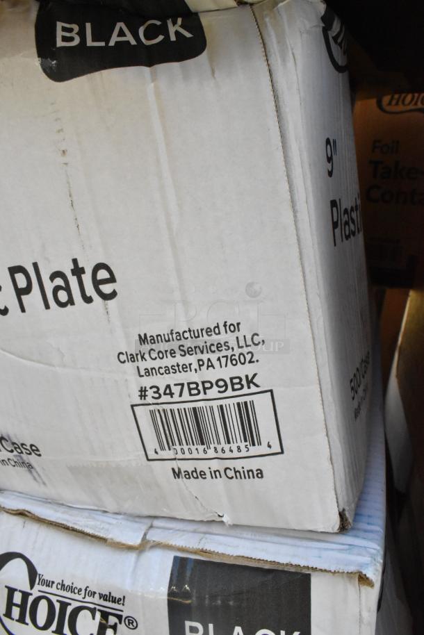 Cardboard box labeled for black plastic plates, manufactured by Clark Core Services, LLC. Visible barcode #347BP9BK. Box has visible dents.