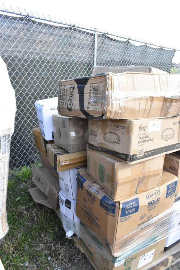 Boxes of new scratch and dent items including containers, towels, and cups. Brands: Choice, Dart. Various sizes. 27 items total.