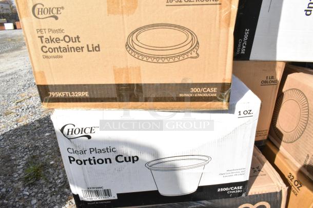 Boxes labeled "Choice" containing PET plastic take-out container lids and clear plastic portion cups. Brand new, scratch and dent condition.