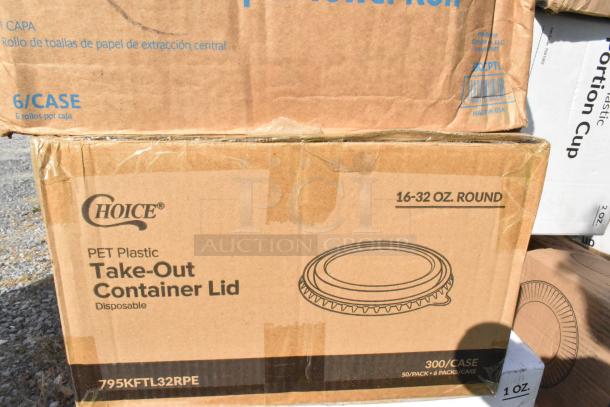 Cardboard boxes of Choice PET plastic take-out container lids, 16-32 oz, 300 per case, new condition.