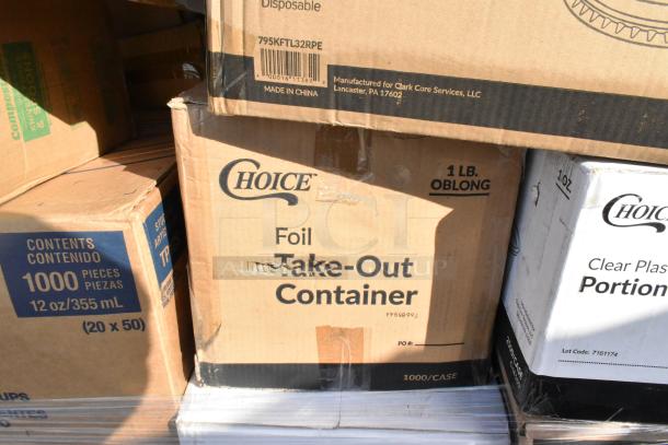 Boxes of Choice brand take-out containers and portion cups, with visible labels. Some boxes scratched or dented.