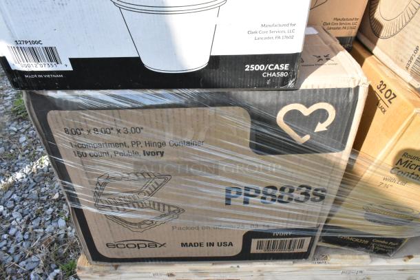Boxes of Ecopax containers, ivory, 150 count, 8"x8"x3", new scratch and dent condition, packed in plastic wrap.