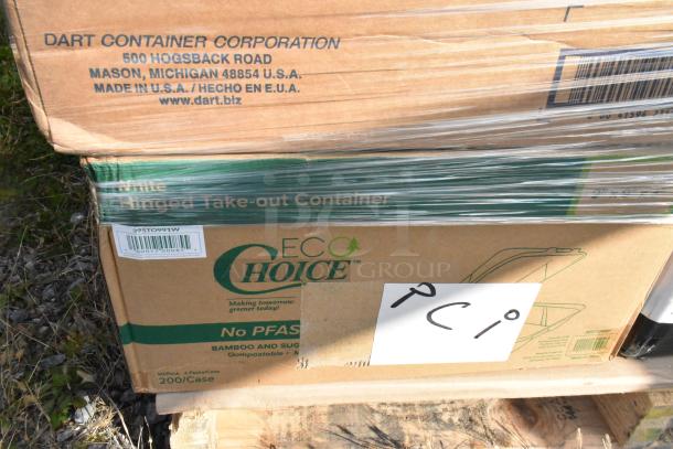 Boxes of Dart and Eco Choice take-out containers on a pallet, wrapped in plastic. Labels indicate 27 scratch and dent items.