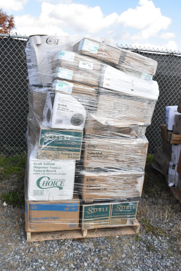 Palette of 38 new scratch and dent items including can liners, containers, churro bags, and pan liners. Boxes wrapped, brand names visible.