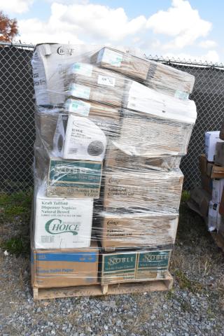 Palette of 38 new scratch and dent items including can liners, containers, churro bags, and pan liners. Boxes wrapped, brand names visible.