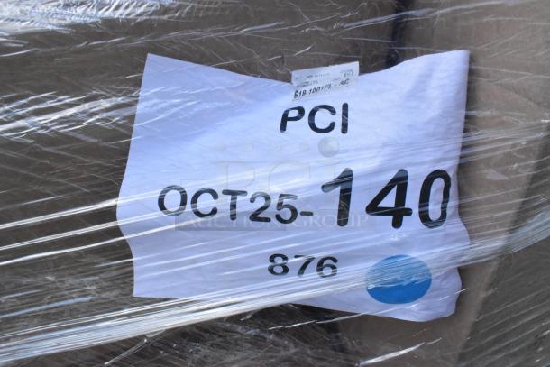 Plastic-wrapped pallet labeled "PCI OCT25-140 876" containing scratch and dent items, including can liners and churro bags.