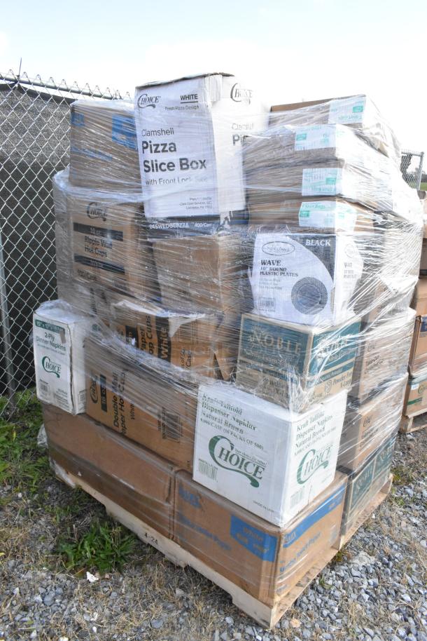 Pallet of 38 brand new scratch and dent items including pizza boxes, can liners, and plastic plates in original packaging.