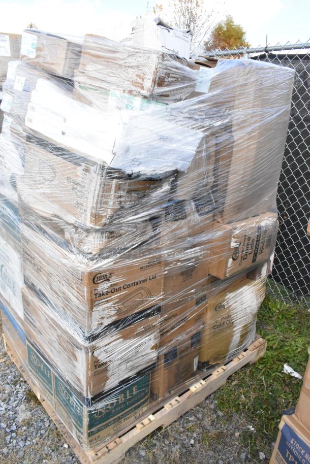 Pallet of 38 brand new scratch and dent items, including can liners, containers, churro bags, and pan liners, wrapped in plastic.