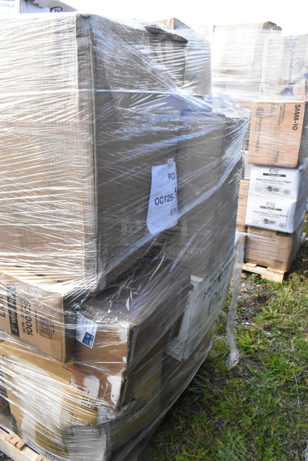 Pallet of 38 brand new scratch and dent items, including can liners, containers, churro bags, pan liners, wrapped in plastic.