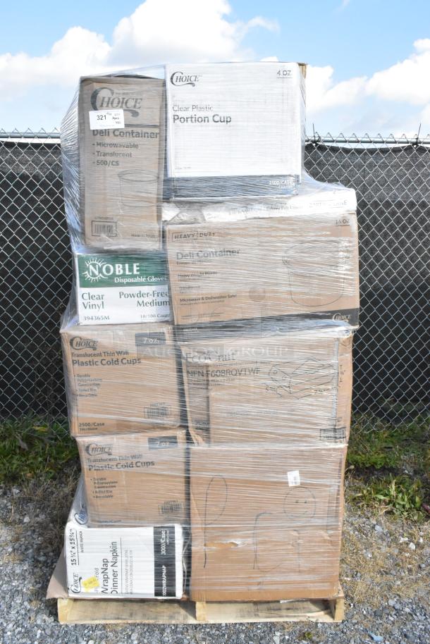 Stack of 30 new scratch and dent items on pallet; includes Choice portion cups, deli containers, napkins, gloves; sealed in wrapping.