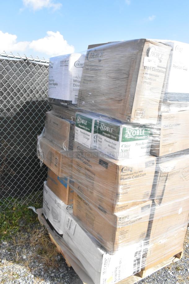 Pallet of 30 new scratch and dent items, including Choice portion cups, containers, paper towels, napkins. Wrapped in plastic.