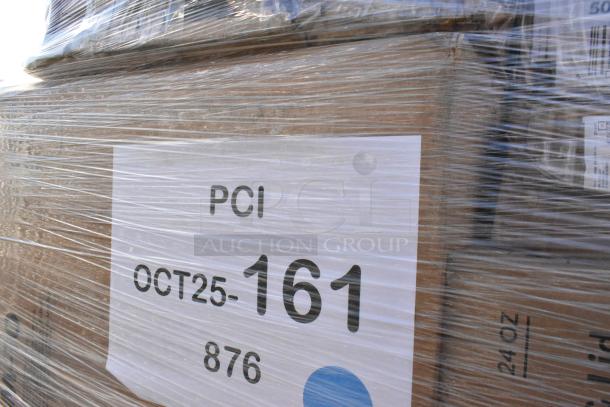 Pallet of new scratch and dent items wrapped in plastic, labeled "PCI OCT25-161 876," containing portion cups, containers, paper towels, and napkins.