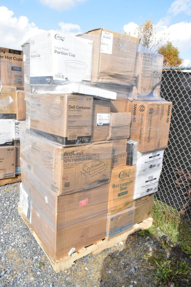 A pallet of 30 new scratch-and-dent items including portion cups, containers, paper towels, and napkins, wrapped for auction.