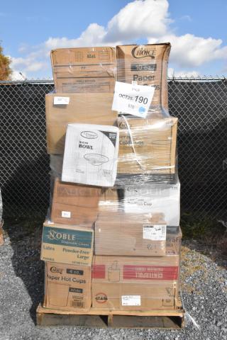Pallet of 29 new scratch and dent items including Choice cups, Noble gloves, bowls, napkins, bakery bags. Boxes labeled with sizes and brands.