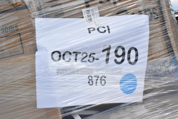 29 brand new scratch and dent items wrapped on a pallet. Includes cups, containers, gloves, napkins, bakery bags, spoons. Tag marked "OCT25-190."