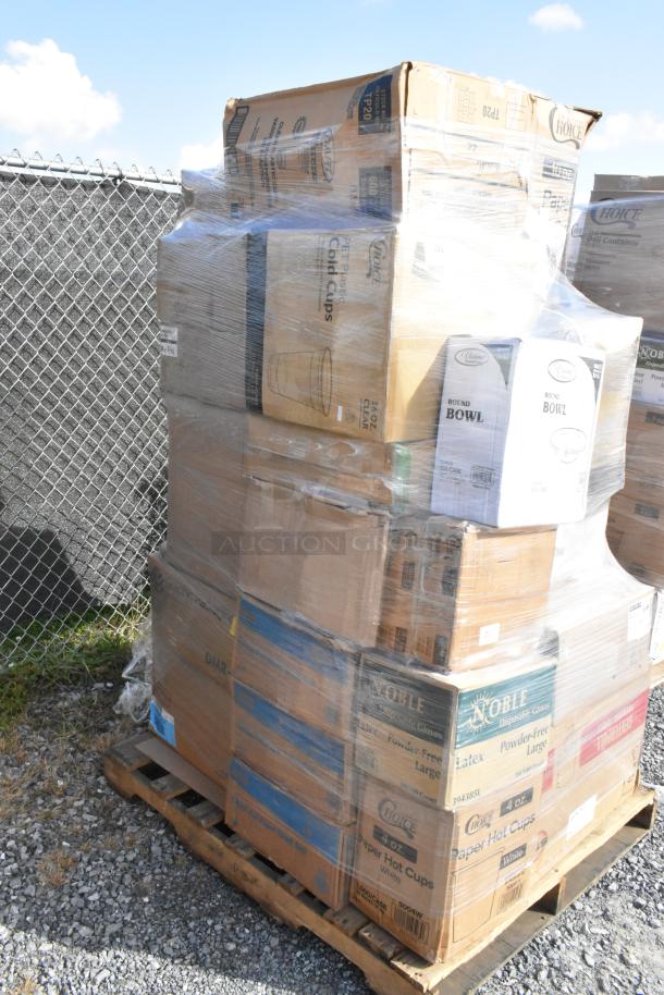 Pallet of brand new scratch and dent items including cups, containers, gloves. Various brands visible, shrink-wrapped.