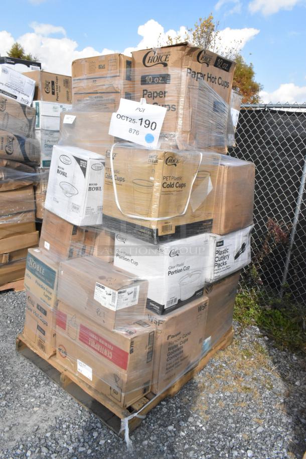 Pallet of assorted new, scratch and dent items including Choice paper cups, bowls, plastic cutlery, and bakery bags.