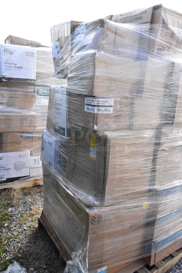 Pallet of 29 scratch and dent items, plastic-wrapped, including Choice napkins, bakery bags, Noble gloves. Brand new condition.