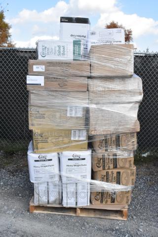 Pallet of assorted scratch and dent items, including containers, portion cups, plates, and cups, shrink-wrapped.