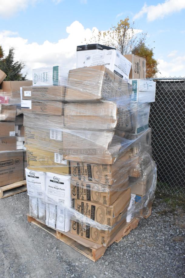 Pallet of 42 brand new scratch and dent items including containers, portion cups, plates, and cold cups, wrapped in plastic.