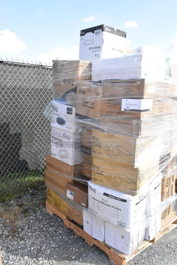 Pallet of assorted brand new scratch and dent items, including containers, portion cups, plates, and cold cups, in original packaging.
