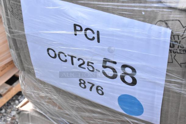 Pallet of 42 brand new scratch and dent items, includes containers, portion cups, plates, and cold cups. Labeled "PCI OCT25-58 876."