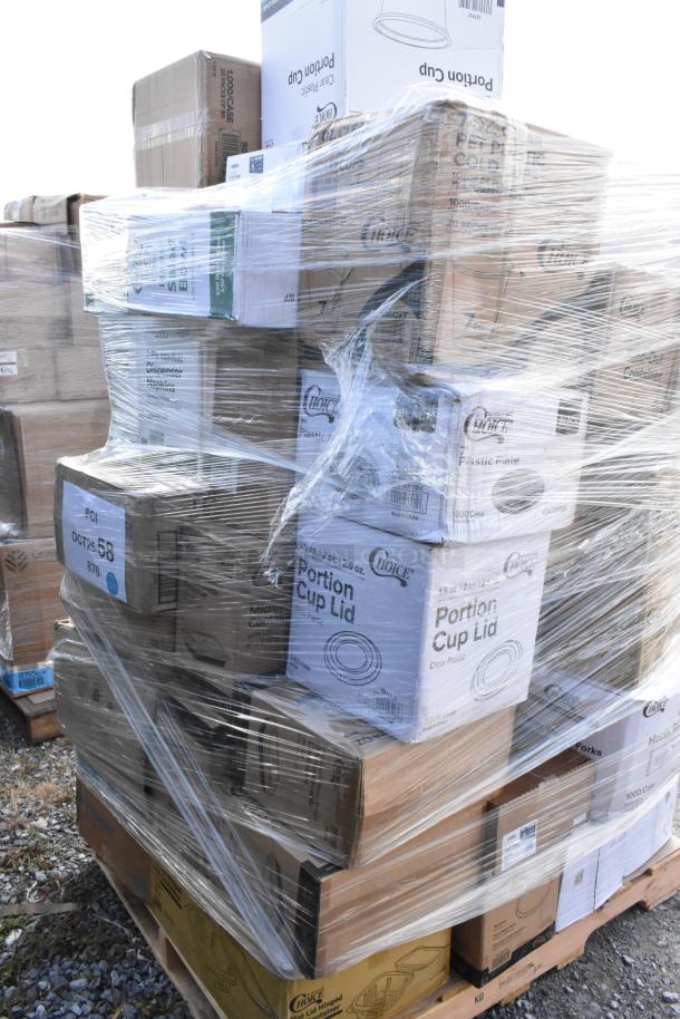 Shrink-wrapped pallet of various Choice brand containers, portion cups, and plates. Some boxes labeled "scratch and dent."