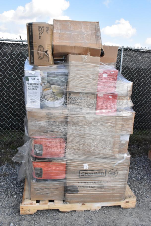 Pallet of 36 brand new scratch and dent items, including Cookware, Steelton speed rail, air pot, wrapped in plastic.