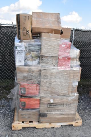 Pallet of 36 brand new scratch and dent items, including Cookware, Steelton speed rail, air pot, wrapped in plastic.