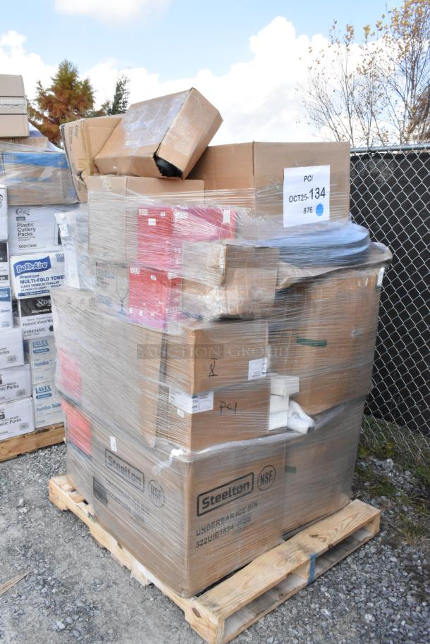Pallet of 36 brand new scratch and dent items, including various boxes and packaging materials. Labeled as PCI OCT25-134.