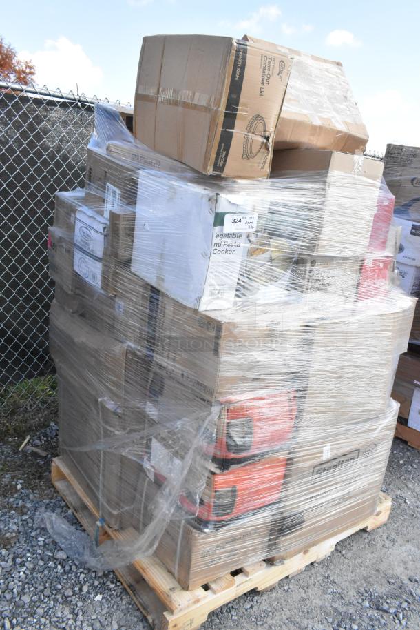 Shrink-wrapped pallet containing new scratch and dent items, including tins, glasses, and kitchenware in cardboard boxes.