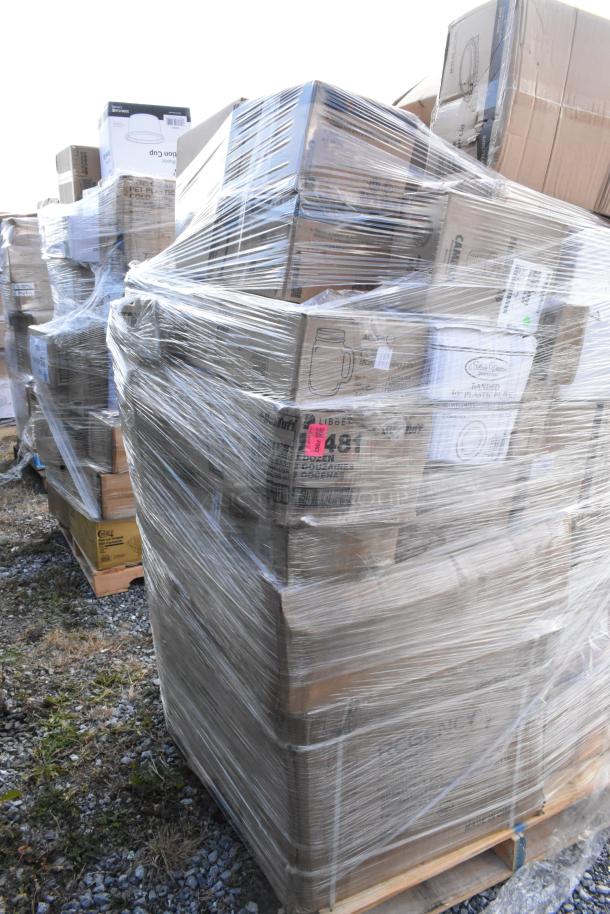 Pallet with 36 brand new scratch and dent items, including tins and glassware, wrapped in plastic. Visible labels indicate contents.