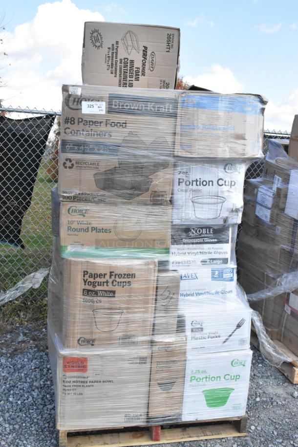 Pallet of 40 new scratch and dent items: paper towels, containers, stretch film, hot food cups, plastic forks. Multipack.