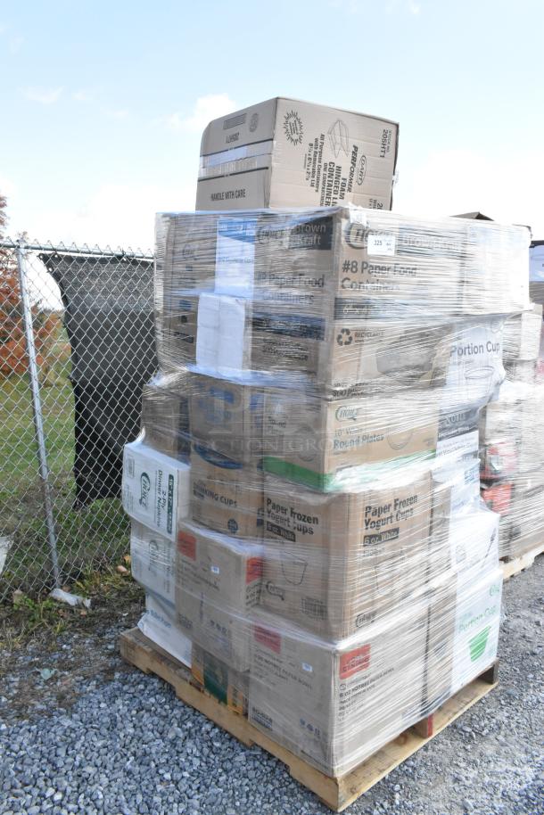 Pallet of 40 brand new scratch and dent items, including containers, paper towels, and plastic forks, wrapped in plastic.