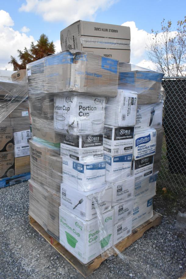 Pallet with 40 new scratch and dent items: containers, paper towels, stretch film, hot food cups, plastic forks.
