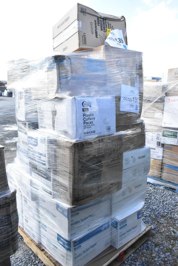 Pallet of 40 new scratch and dent items, including containers, paper towels, plastic forks, sealed in stretch film.