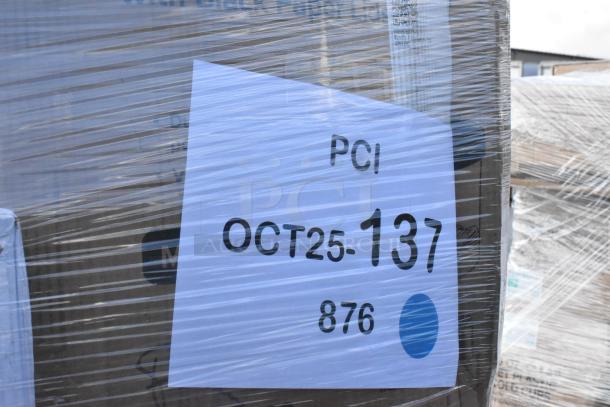Pallet of 40 new scratch and dent items, includes containers, paper towels, cups, forks. Label: "PCI OCT25-137 876". Wrapped in plastic.
