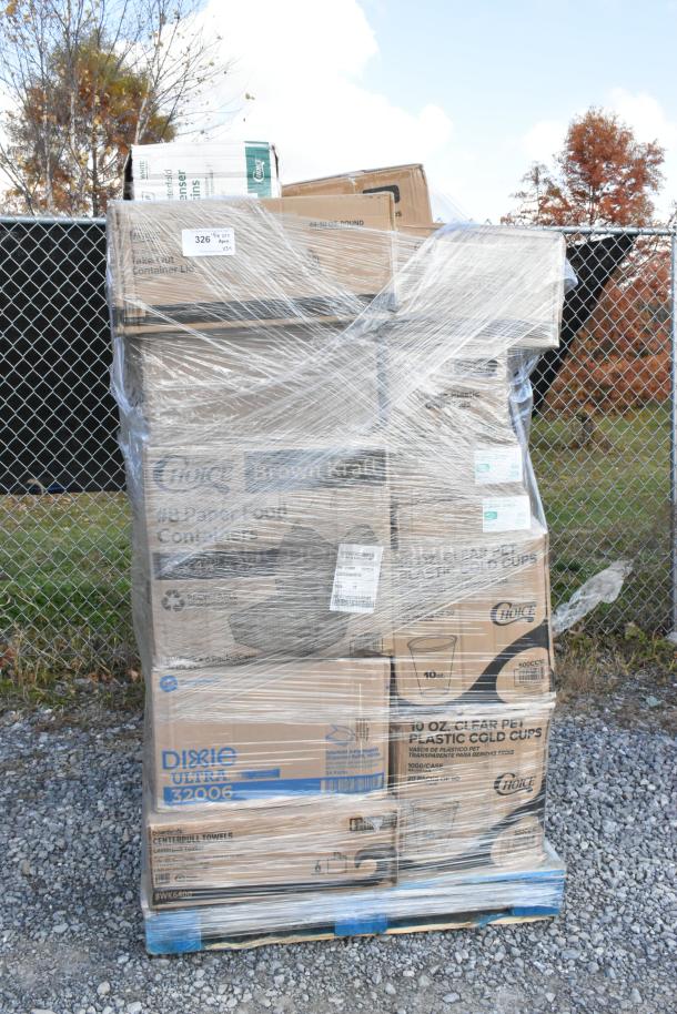 Pallet of 34 brand new scratch and dent items, including boxes of containers, towels, toilet paper, gloves, and can liners, wrapped in plastic.