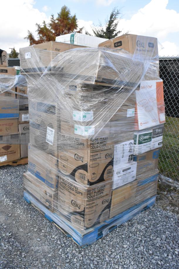 Pallet of 34 new scratch and dent items, including containers, towels, toilet paper, gloves, wrapped and labeled.
