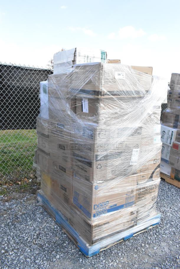 Pallet of 34 brand new scratch and dent items, including containers, towels, toilet paper, gloves, and can liners, shrink-wrapped.