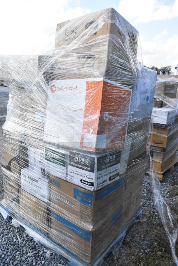 Pallet of 34 new scratch and dent items, wrapped. Includes Safe-T-Chef gloves, towel boxes, and more. See labels for details.