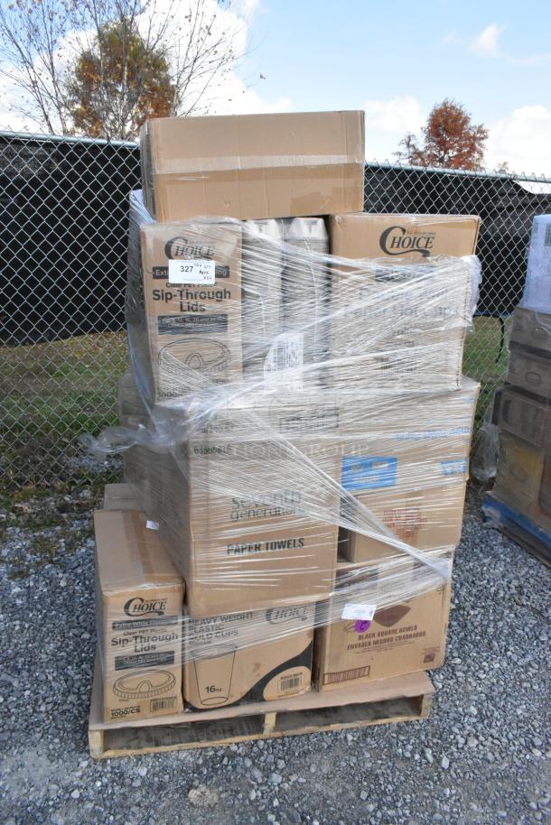 Pallet of 24 scratch and dent items, including Choice brand cups, lids, pouches, and bags, wrapped for auction.